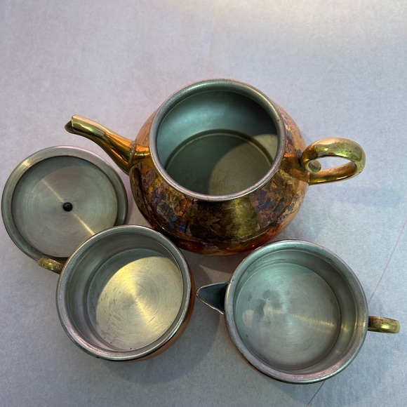 Vintage Tagus Portugal Stackable Copper/Brass Teapot Set with Creamer, Cup, Lid - Picture 3 of 11